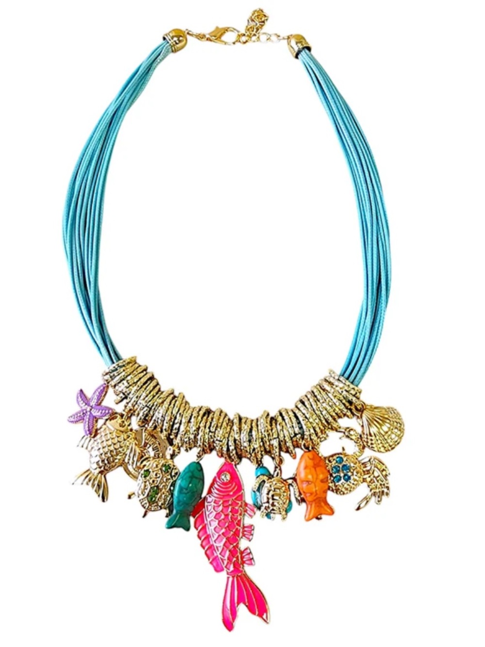 Turquoise Cord Multi-Color Sea Charm Necklace by